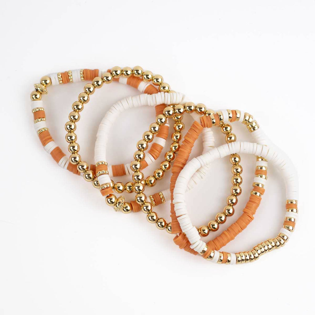 Clay Bead Bracelet Stack   Orange/White/Gold   7"