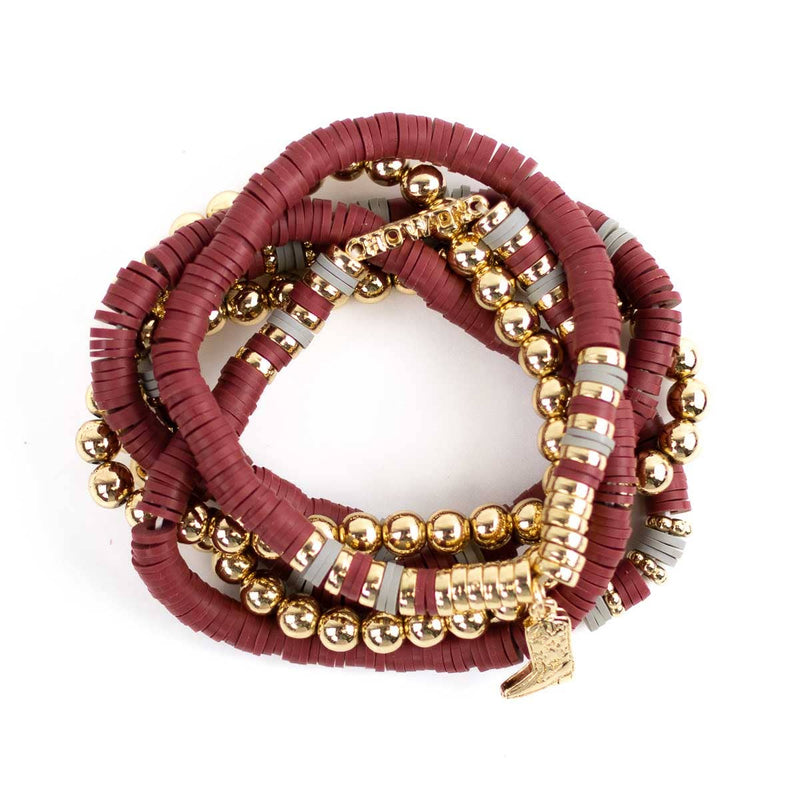 Howdy Bead Bracelet Stack   Maroon/Gray/Gold   7"