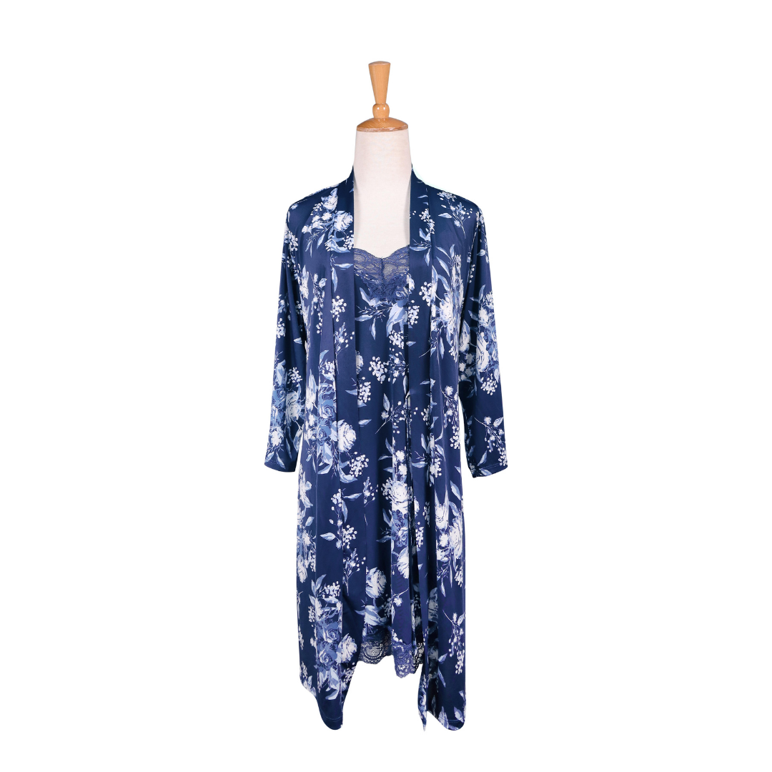 Chemise & Robe Set - Navy & White Rosehips