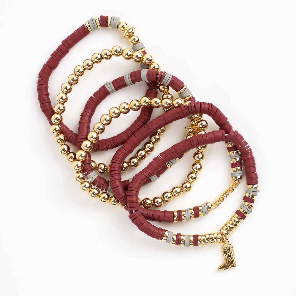 Howdy Bead Bracelet Stack   Maroon/Gray/Gold   7"