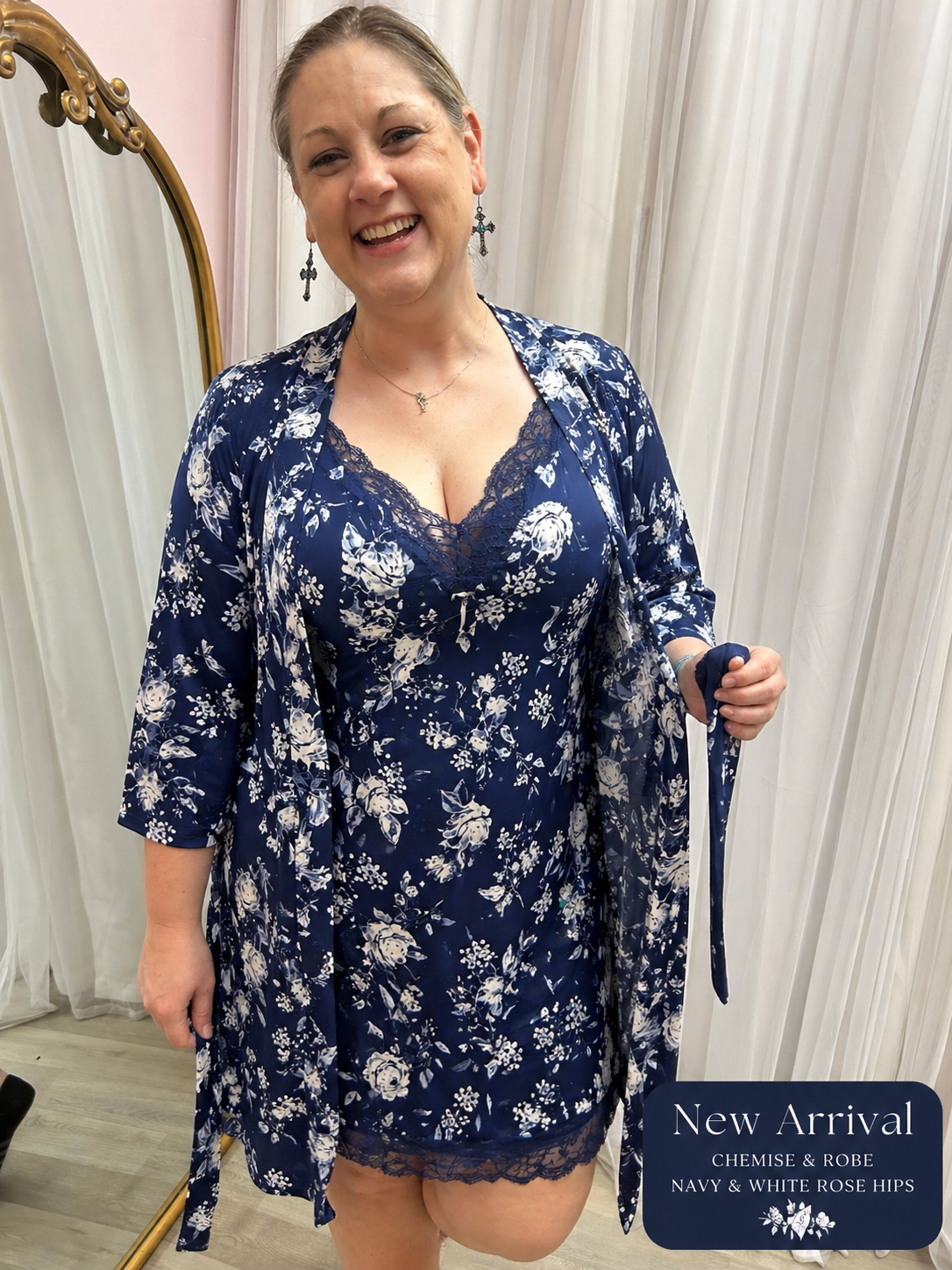 Chemise & Robe Set - Navy & White Rosehips