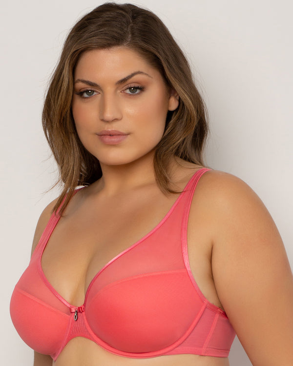 Sheer Mesh Plunge T-Shirt Bra -Sun Kissed Coral