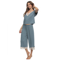 Amelie Vintage Lace Cropped Tee and Pants - Stormy Blue