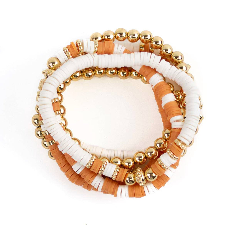 Clay Bead Bracelet Stack   Orange/White/Gold   7"