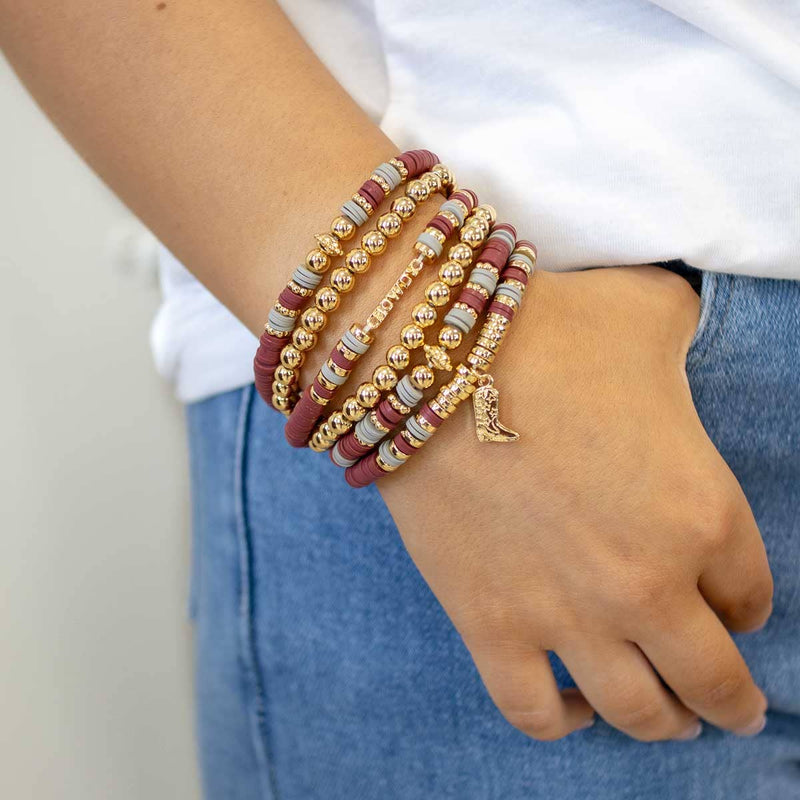 Howdy Bead Bracelet Stack   Maroon/Gray/Gold   7"